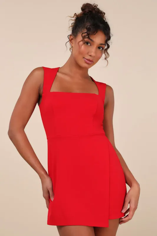 Enticing Endeavors Red Square Neck Sleeveless Skort Romper sold by Lulus