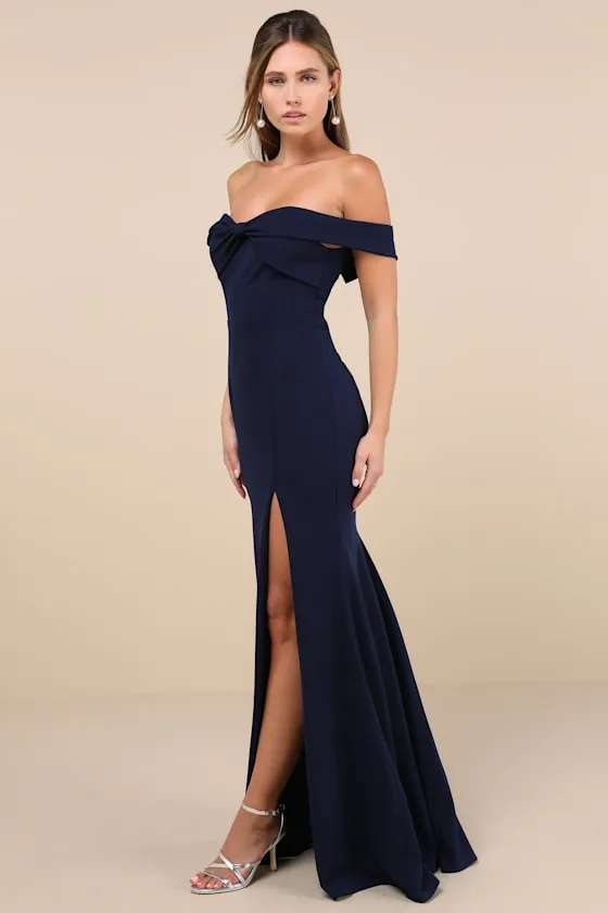 Elegant Perception Navy Blue Off-the-Shoulder Bow Maxi Dress sold by Lulus product image thumbnail 3