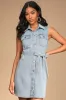 Trendy Throwback Light Wash Denim Button-Up Belted Mini Dress sold by Lulus