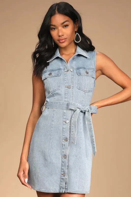 Trendy Throwback Light Wash Denim Button-Up Belted Mini Dress sold by Lulus