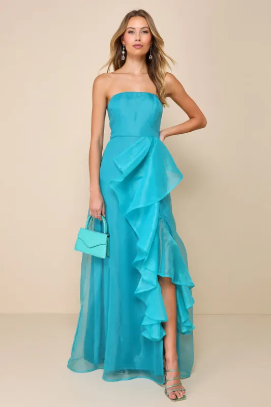 Exquisite Ease Teal Green Organza Strapless Ruffled Maxi Dress sold by Lulus