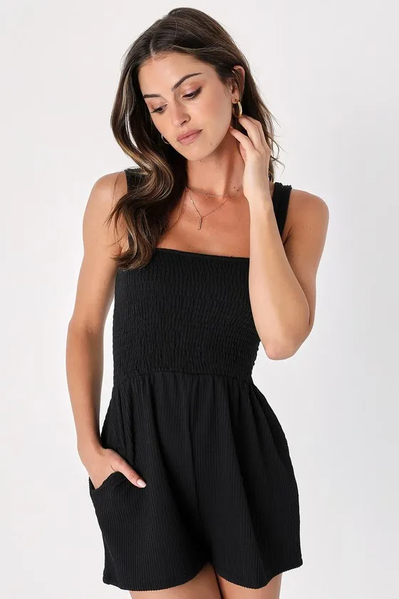 Social Calendar Black Ribbed Knit Smocked Romper sold by Lulus