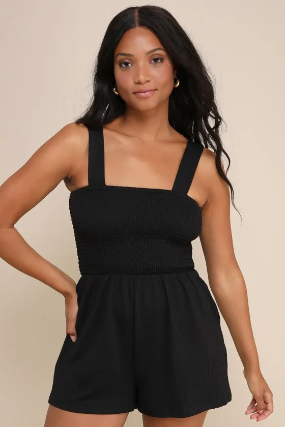 Social Calendar Black Ribbed Knit Smocked Romper sold by Lulus product image thumbnail 2