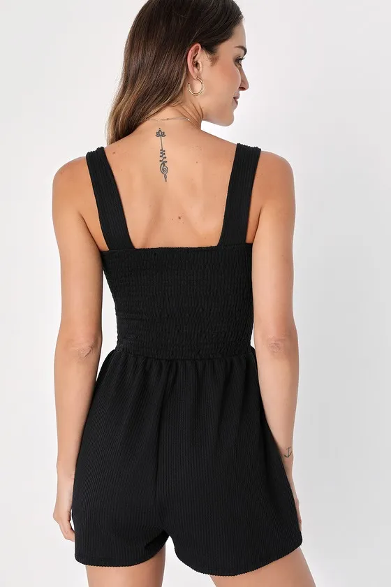 Social Calendar Black Ribbed Knit Smocked Romper sold by Lulus product image thumbnail 3