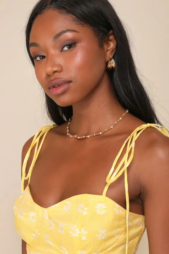 Gorgeous Angel Yellow Embroidered Floral Tie-Strap Mini Dress sold by Lulus product image thumbnail 3