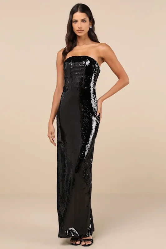 Dazzling Extravagance Black Sequin Strapless Bustier Maxi Dress sold by Lulus