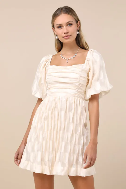 Cultivated Sweetness Cream Burnout Puff Sleeve Mini Dress sold by Lulus