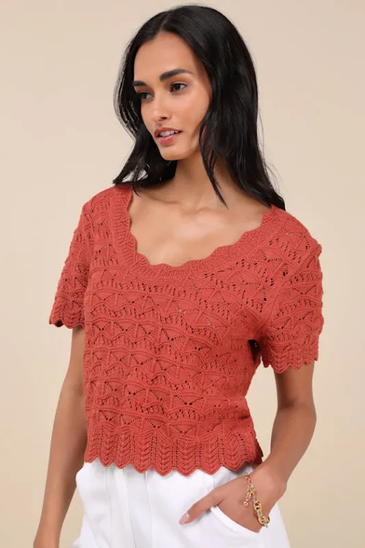 Sweetest Example Rust Orange Pointelle Knit Short Sleeve Top made by Lulus