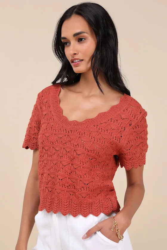 Sweetest Example Rust Orange Pointelle Knit Short Sleeve Top sold by Lulus