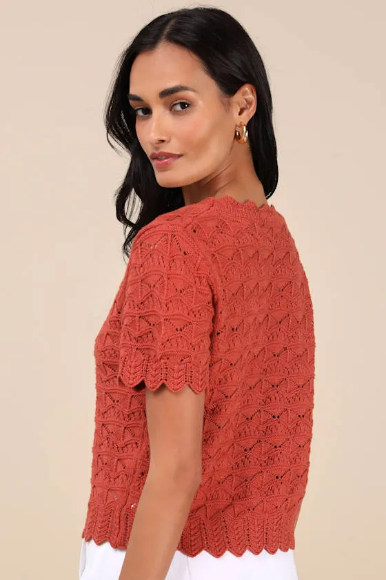 Sweetest Example Rust Orange Pointelle Knit Short Sleeve Top sold by Lulus product image thumbnail 2