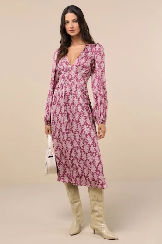 Graceful Impression Purple and Pink Floral Print Midi Dress sold by Lulus