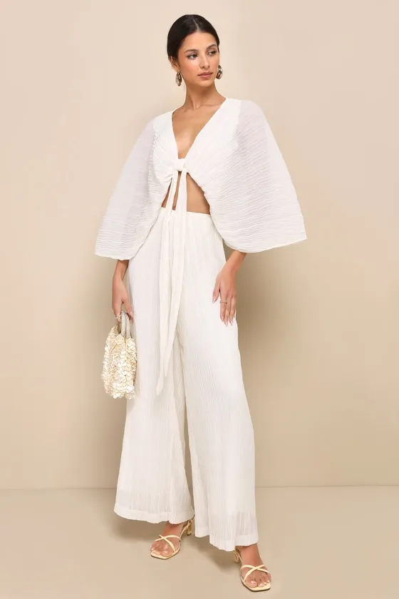 Pristine Presence Ivory Plisse Tie-Front Dolman Sleeve Crop Top sold by Lulus product image thumbnail 2