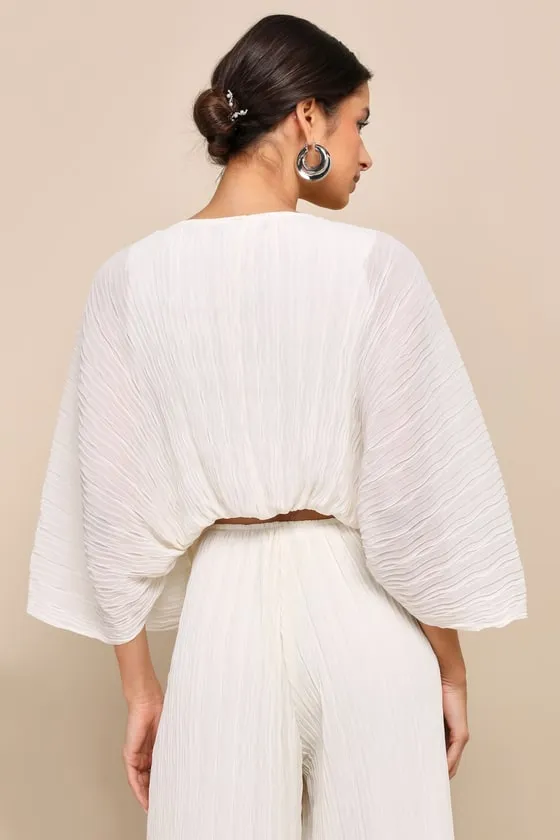 Pristine Presence Ivory Plisse Tie-Front Dolman Sleeve Crop Top sold by Lulus product image thumbnail 3