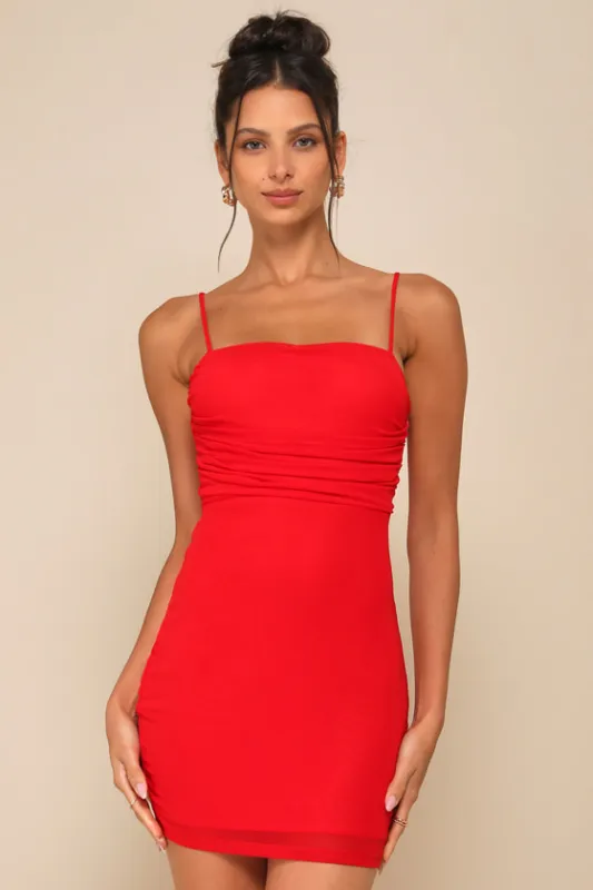 Completely Thriving Red Mesh Twist-Back Cutout Mini Dress sold by Lulus