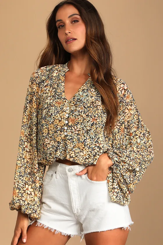 Season of Blooms Cream Multi Floral Print Balloon Sleeve Top sold by Lulus