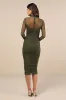 Impressive Flirt Olive Green Mesh Ruched Mock Neck Midi Dress sold by Lulus