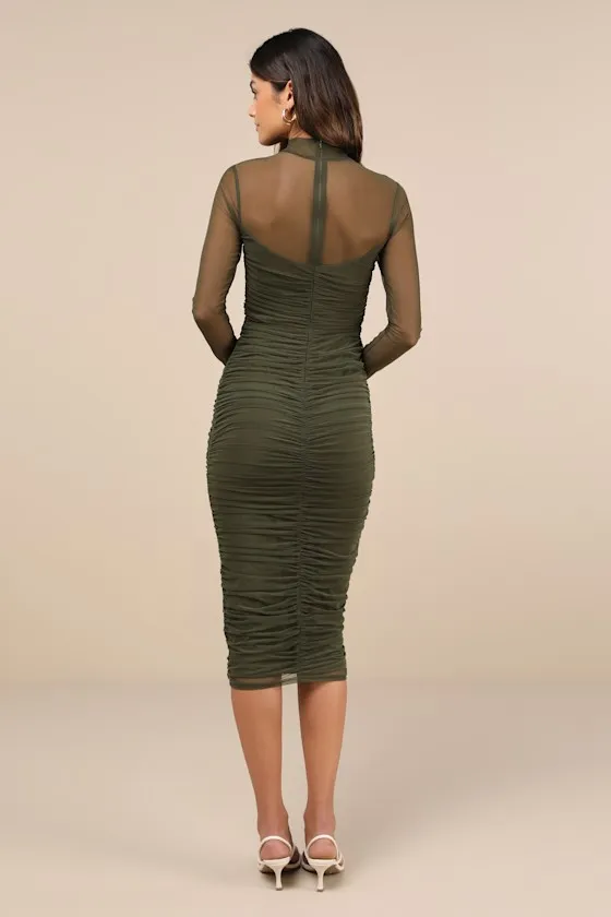 Impressive Flirt Olive Green Mesh Ruched Mock Neck Midi Dress sold by Lulus product image thumbnail 4