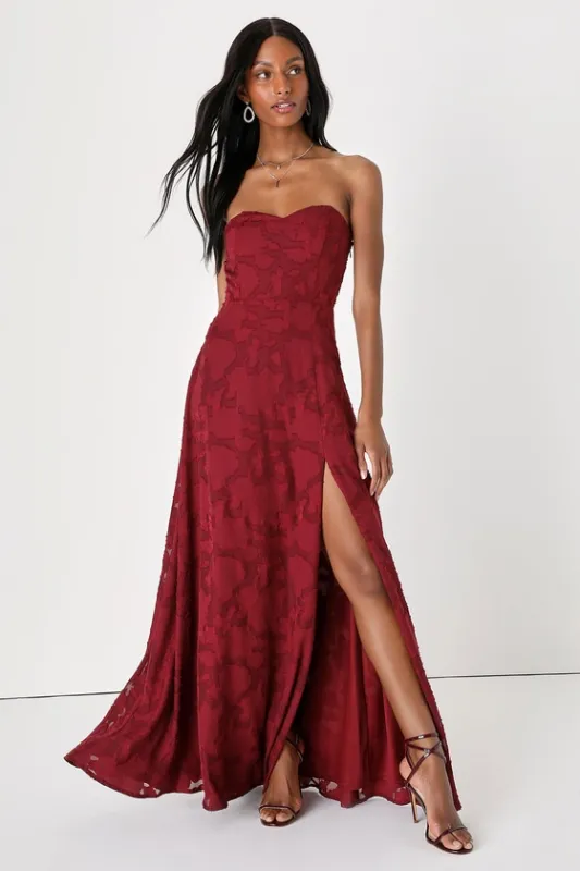Garden of Romance Burgundy Floral Burnout Strapless Maxi Dress sold by Lulus