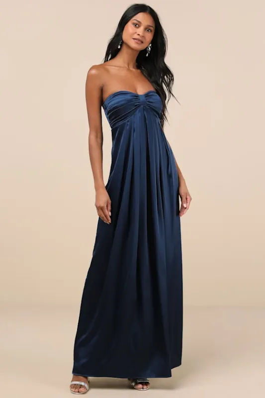 Memorable Entrance Dark Blue Strapless Satin Maxi Dress sold by Lulus