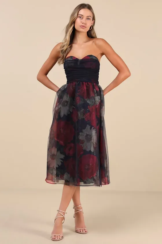 Splendidly Yours Navy Floral Organza Mesh Strapless Midi Dress sold by Lulus