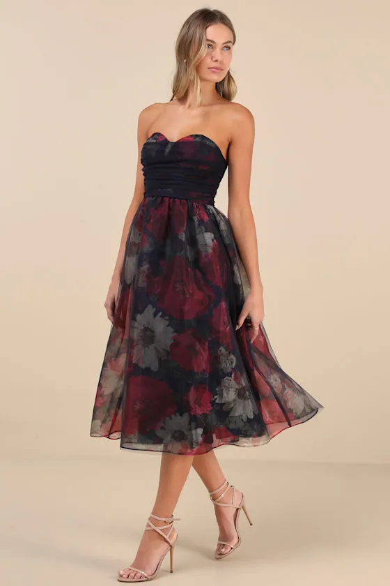 Splendidly Yours Navy Floral Organza Mesh Strapless Midi Dress sold by Lulus product image thumbnail 2