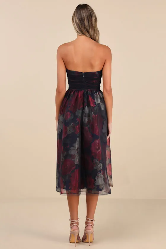 Splendidly Yours Navy Floral Organza Mesh Strapless Midi Dress sold by Lulus product image thumbnail 3