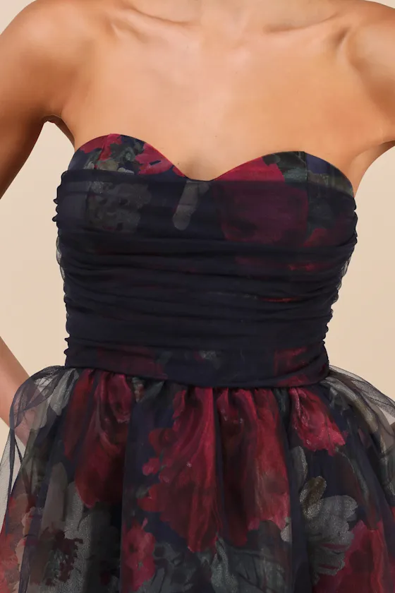 Splendidly Yours Navy Floral Organza Mesh Strapless Midi Dress sold by Lulus product image thumbnail 4