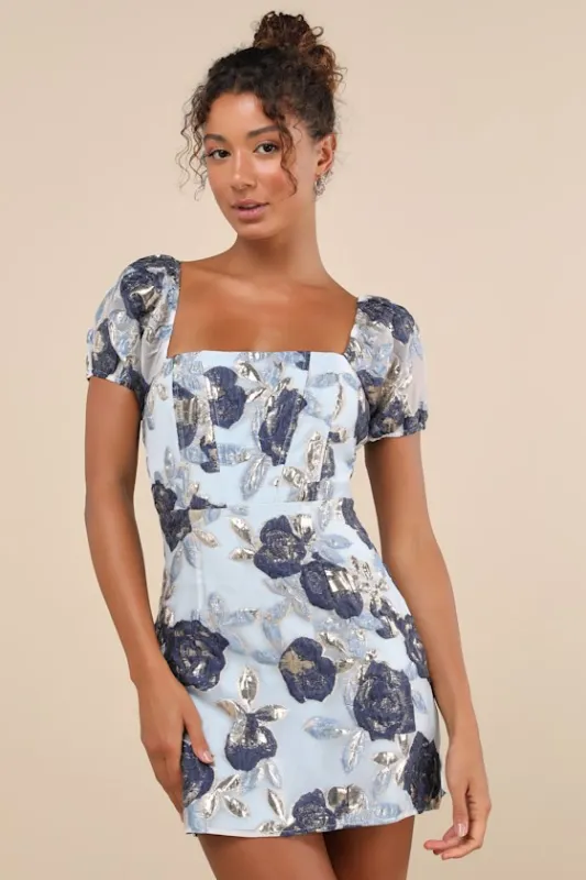 Cheerfully Perfect Blue Floral Jacquard Puff Sleeve Mini Dress sold by Lulus