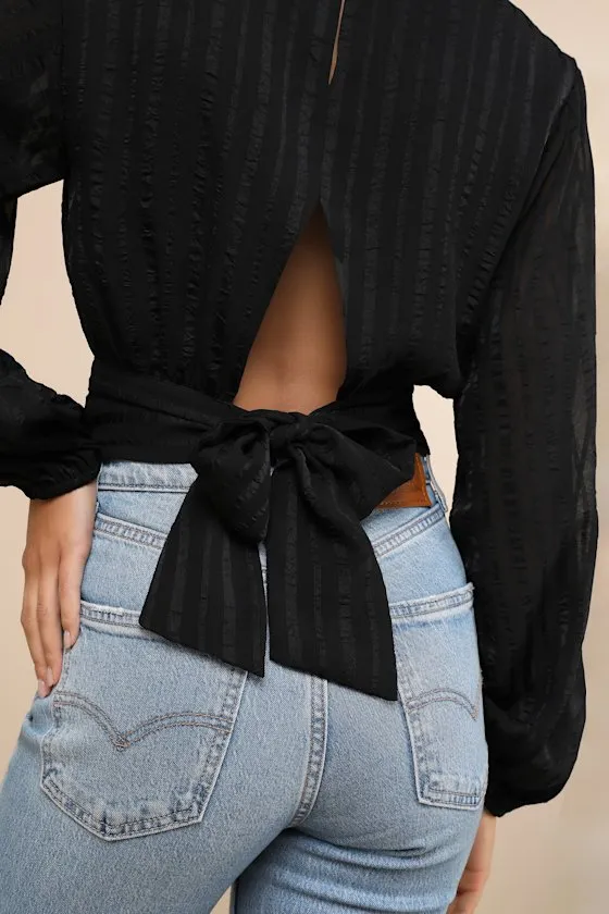 Composed Look Black Balloon Sleeve Tie-Back Long Sleeve Top sold by Lulus