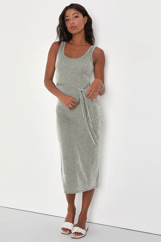 Summer Perfection Olive and Ivory Striped Ribbed Midi Dress sold by Lulus