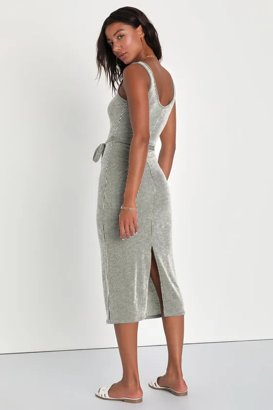 Summer Perfection Olive and Ivory Striped Ribbed Midi Dress sold by Lulus product image thumbnail 4