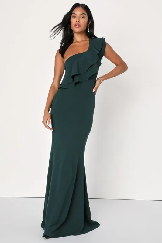 Grand Beauty Emerald Ruffled One-Shoulder Mermaid Maxi Dress sold by Lulus