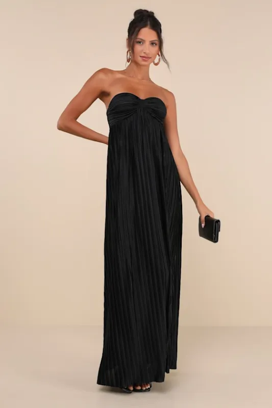 Whimsical Beauty Black Satin Plisse Strapless Maxi Dress sold by Lulus