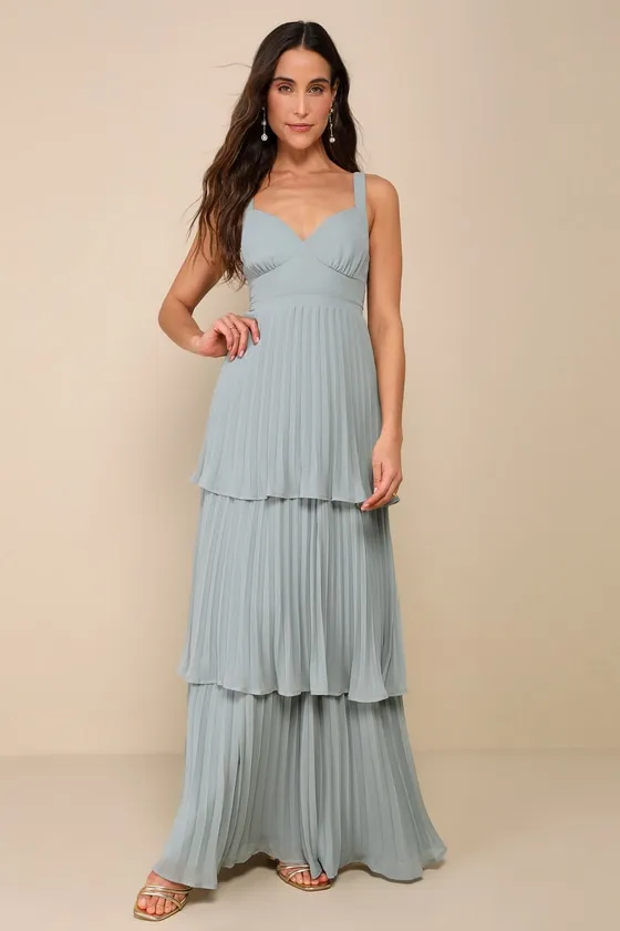 Luxe Perfection Sage Green Pleated Tiered Backless Maxi Dress sold by Lulus