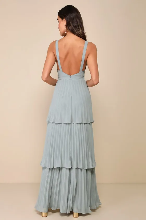 Luxe Perfection Sage Green Pleated Tiered Backless Maxi Dress sold by Lulus product image thumbnail 2