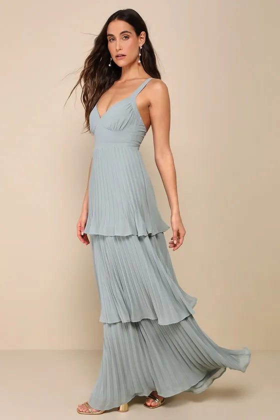 Luxe Perfection Sage Green Pleated Tiered Backless Maxi Dress sold by Lulus product image thumbnail 3