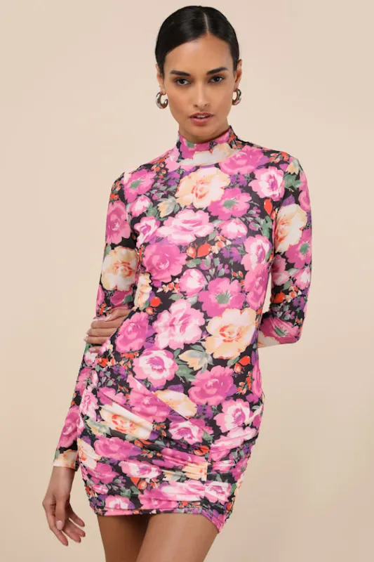 Prettiest Energy Black Multi Floral Mesh Long Sleeve Mini Dress sold by Lulus