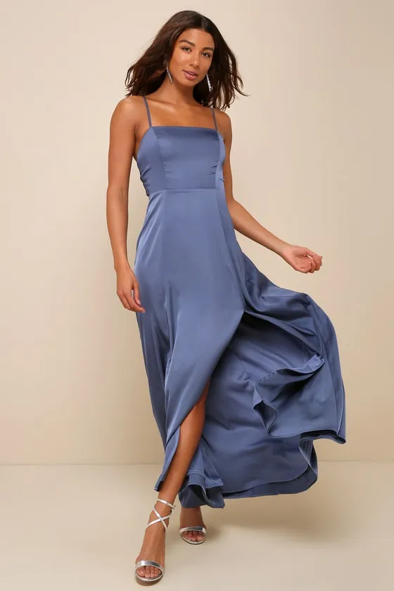 Serene Sensation Slate Blue Satin Bow Sleeveless Maxi Dress sold by Lulus