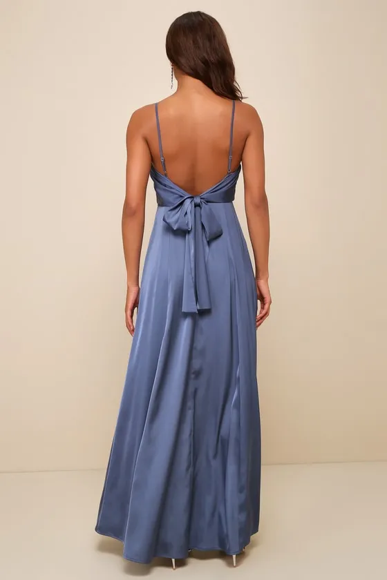 Serene Sensation Slate Blue Satin Bow Sleeveless Maxi Dress sold by Lulus product image thumbnail 2