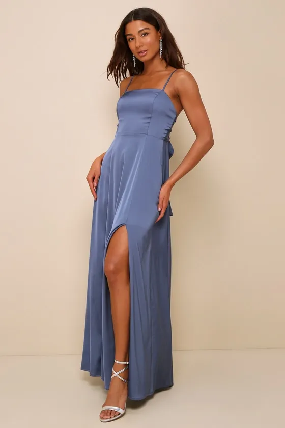 Serene Sensation Slate Blue Satin Bow Sleeveless Maxi Dress sold by Lulus product image thumbnail 3