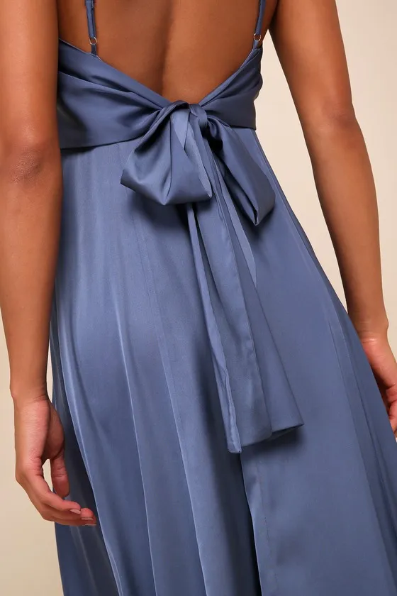 Serene Sensation Slate Blue Satin Bow Sleeveless Maxi Dress sold by Lulus product image thumbnail 4