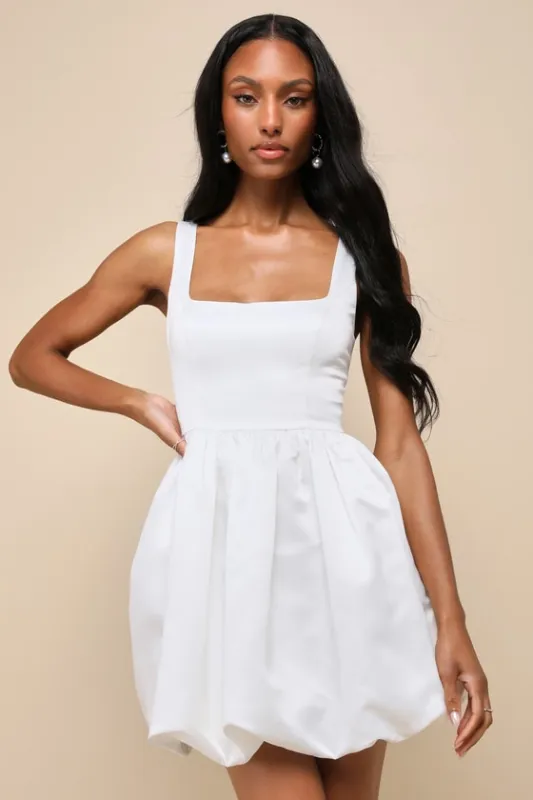 Regal Cutie White Satin Square Neck Bubble-Hem Mini Dress sold by Lulus