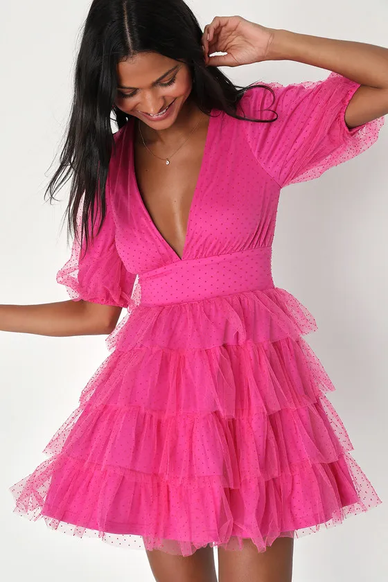 Dramatic Poise Hot Pink Dot Tulle Puff Sleeve Tiered Mini Dress sold by Lulus