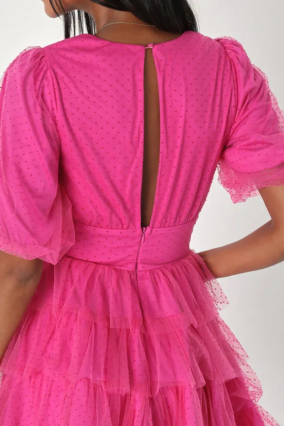 Dramatic Poise Hot Pink Dot Tulle Puff Sleeve Tiered Mini Dress sold by Lulus product image thumbnail 3
