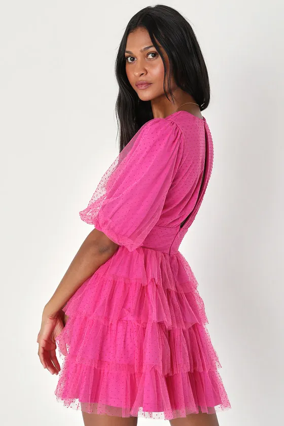 Dramatic Poise Hot Pink Dot Tulle Puff Sleeve Tiered Mini Dress sold by Lulus product image thumbnail 4