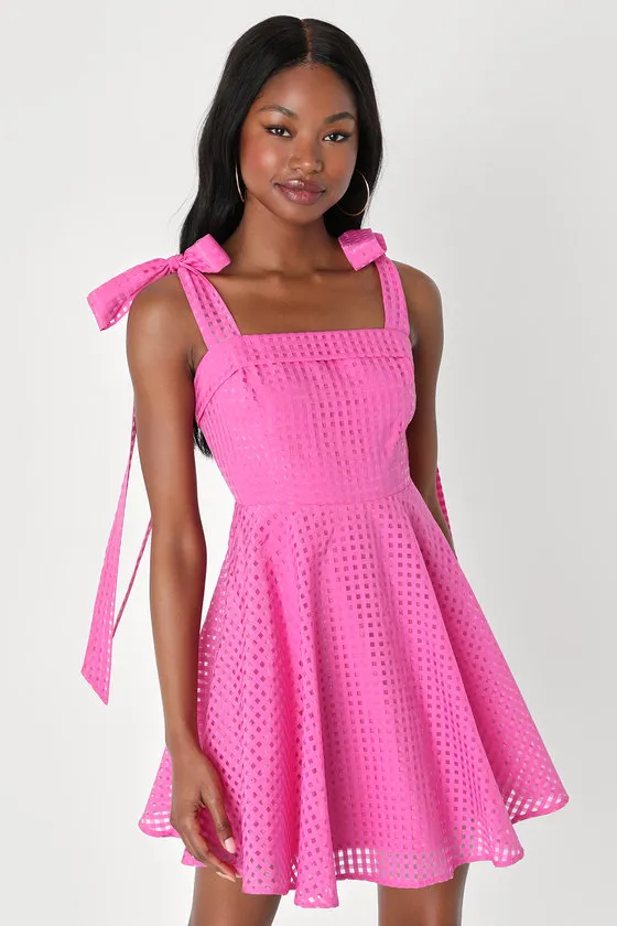 Forever Darling Magenta Gingham Burnout Tie-Strap Mini Dress sold by Lulus