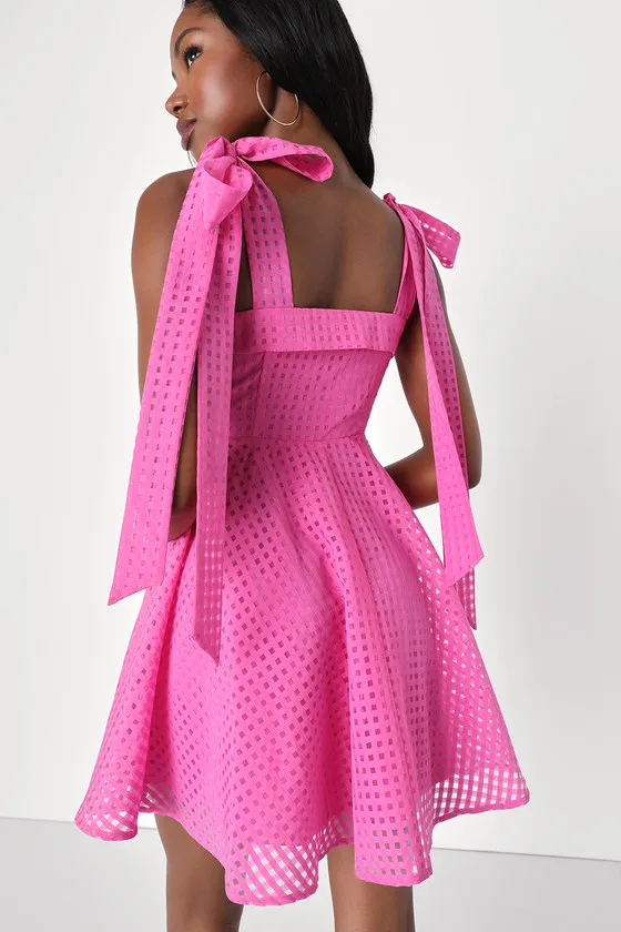 Forever Darling Magenta Gingham Burnout Tie-Strap Mini Dress sold by Lulus product image thumbnail 4