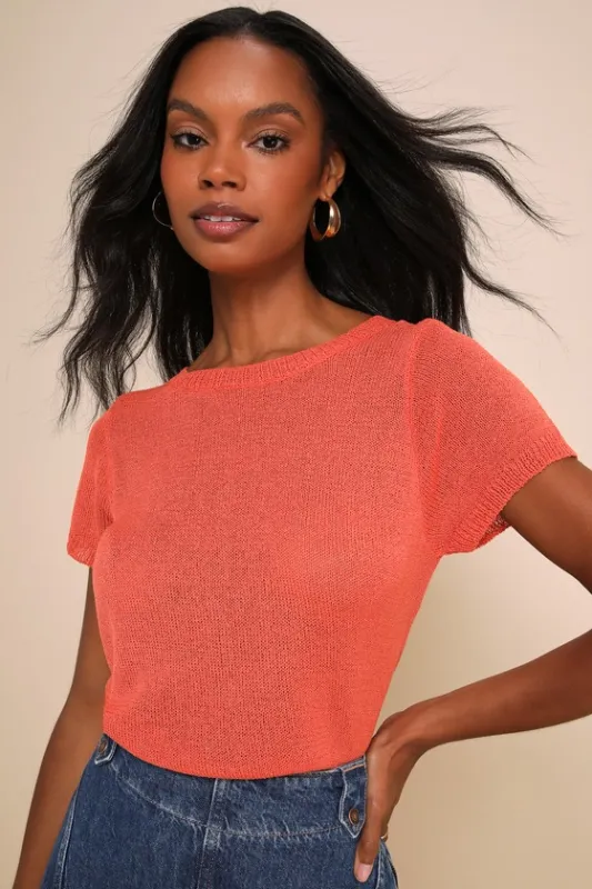 Clean Aesthetic Coral Orange Short Sleeve Sweater Top sold by Lulus