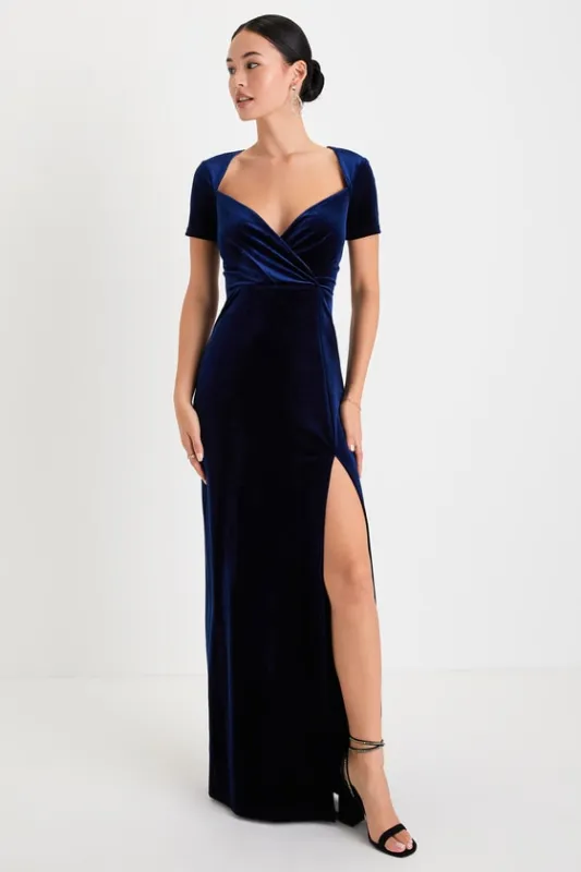 Eternal Elegance Navy Blue Velvet Short Sleeve Maxi Dress sold by Lulus