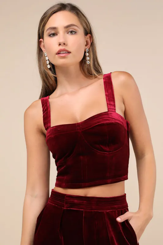 Sneak Peak Burgundy Velvet Bustier Crop Top sold by Lulus